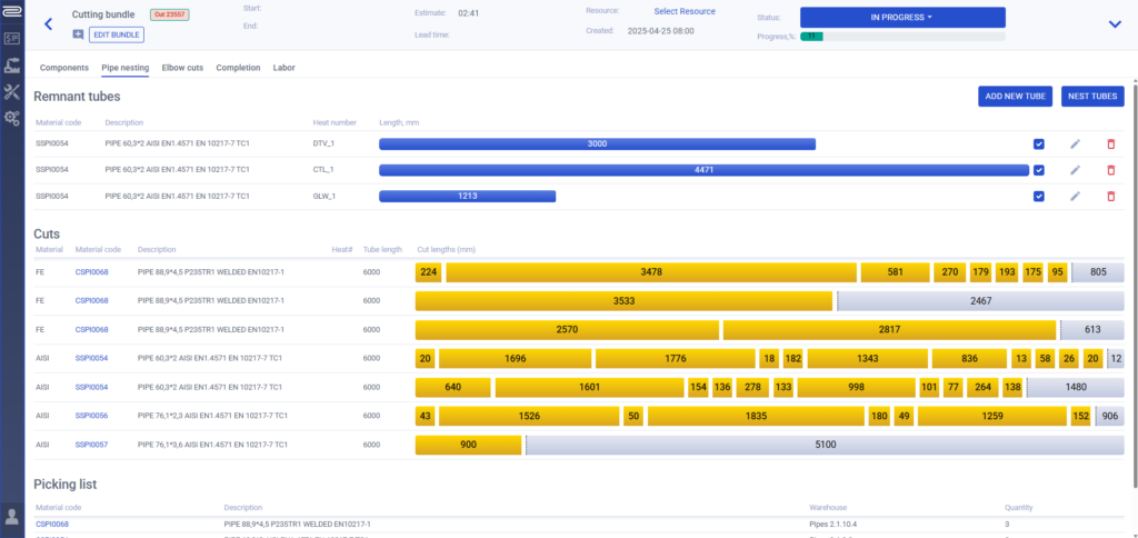 Screenshot of cutting work view in PipeCloud.
