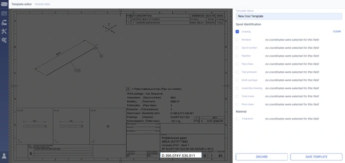 An image of the creation of a new template for automatically parsing information from PDF spool drawings.