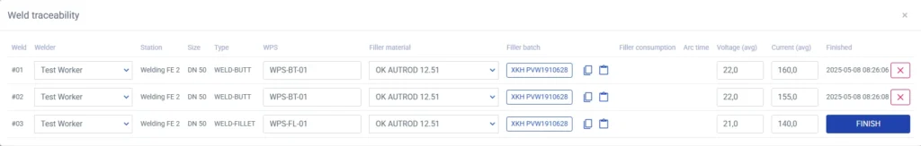 PipeCloud allows welders to add welding traceability data directly to each spool when marking welds as done.