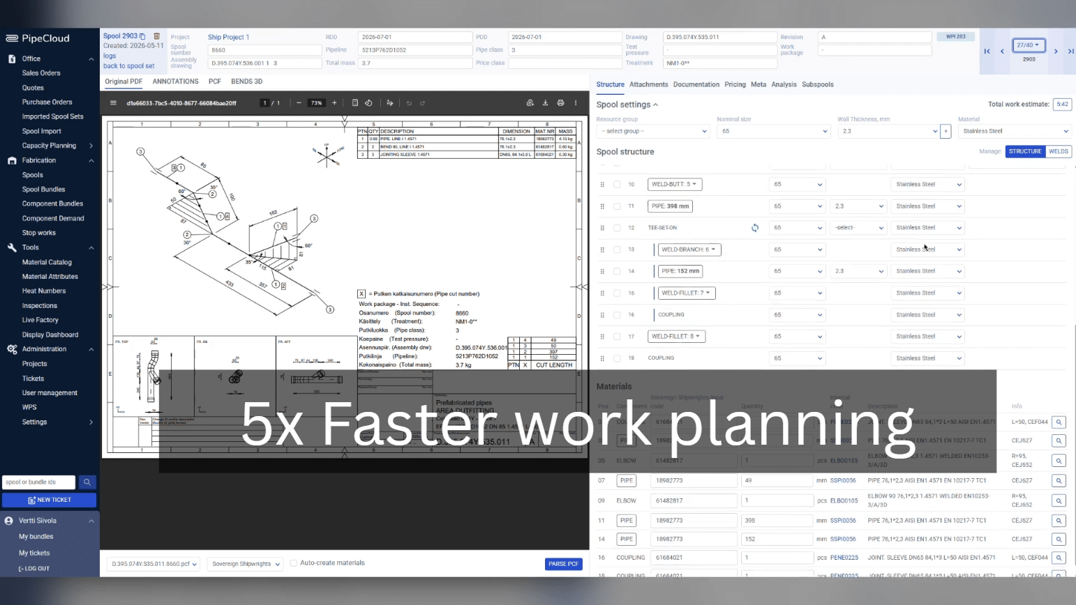 UI image of PipeCloud manufacturing execution system for pipe prefabrication
