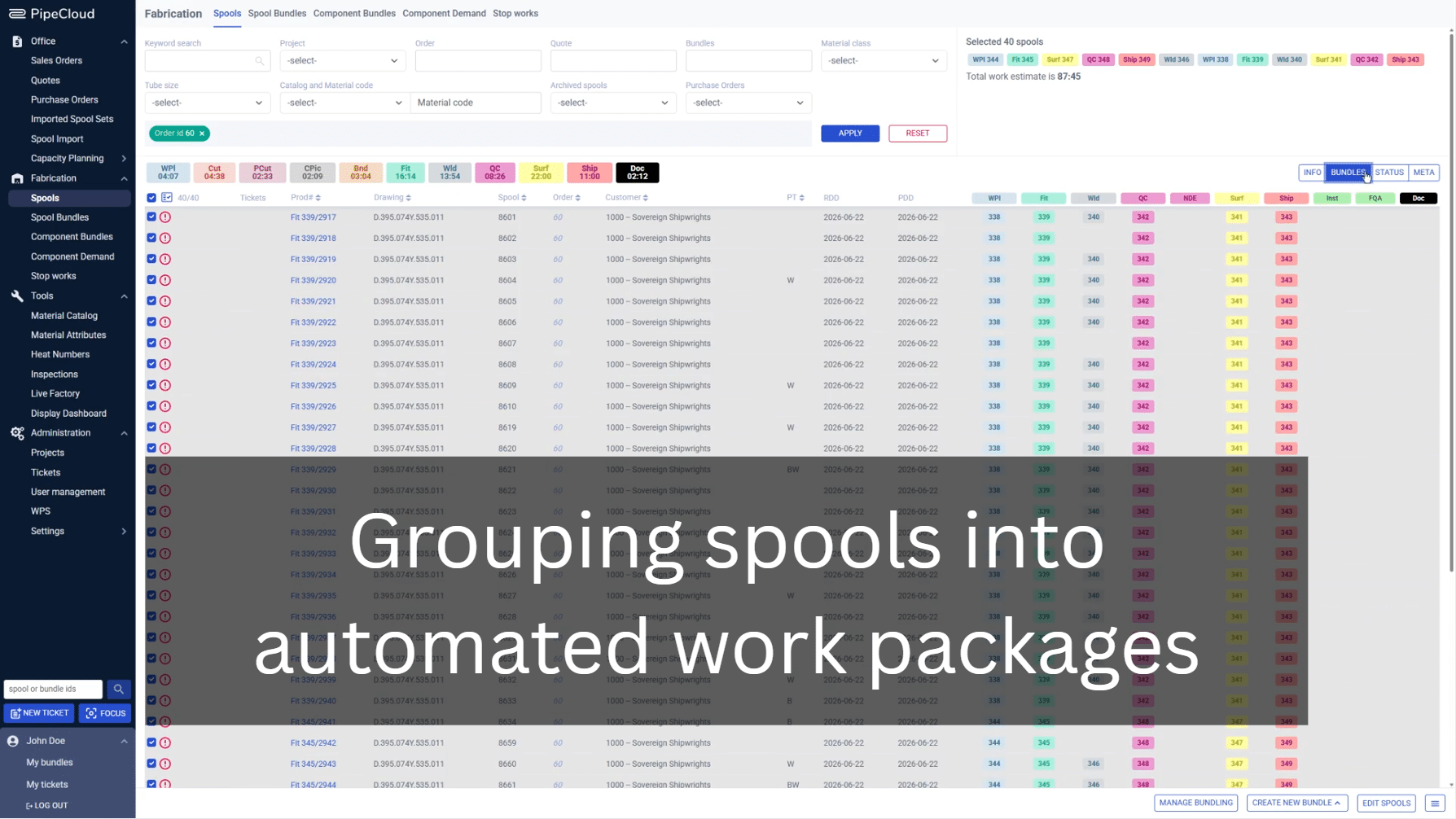 UI image of creating spool bundles